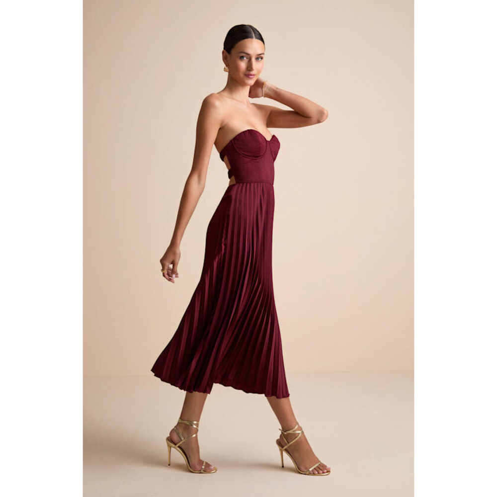 Lulus Irelyn Burgundy Satin Bustier Midi Dress Red - Size M
